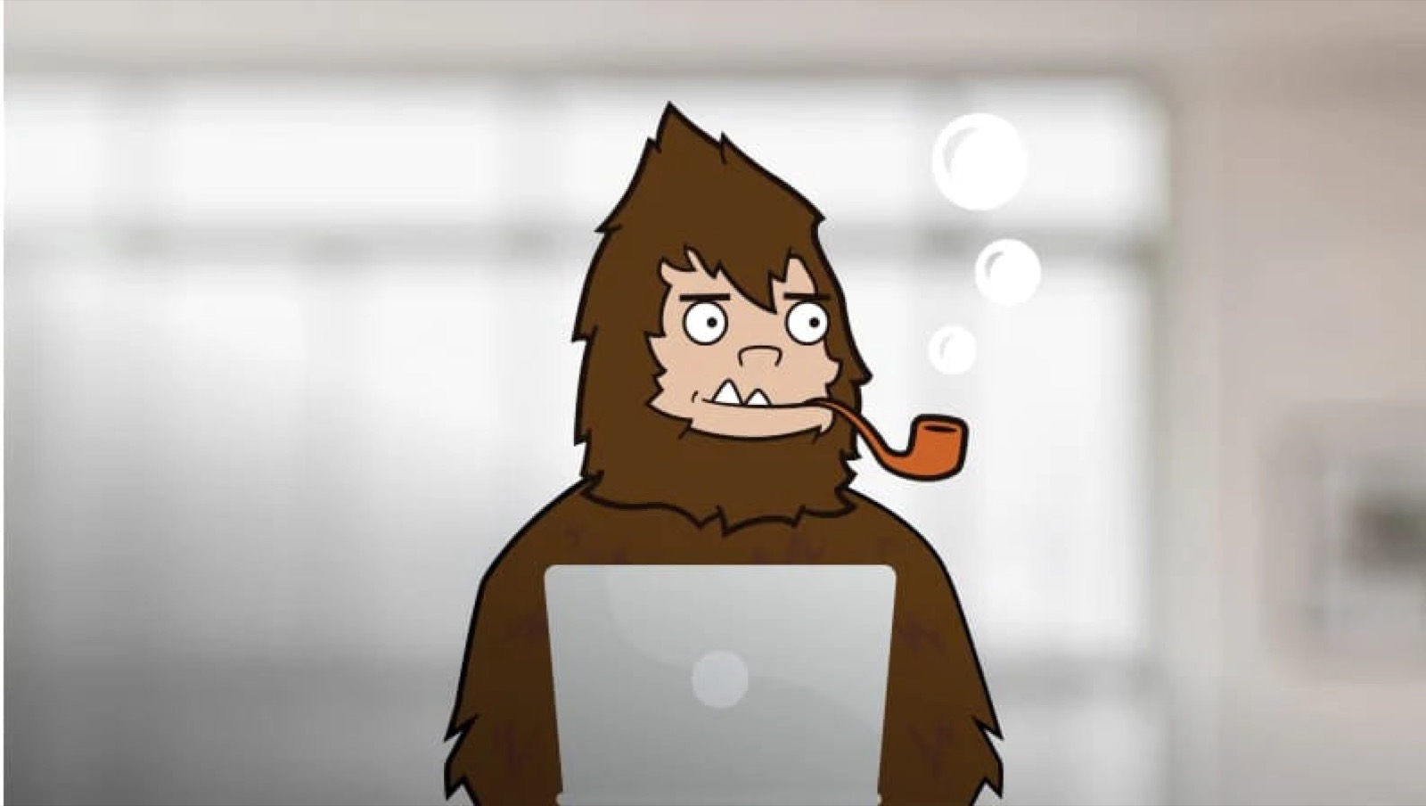 The Squatch mascot at a laptop